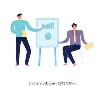 Business meeting with speaker showing financial chart flat vector illustration