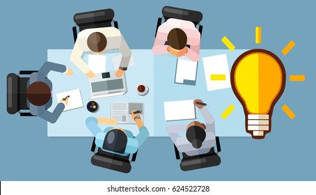 Business meeting strategy brainstorming concept. Vector illustration in an aerial view with people sitting in an office around a conference table with ideas 