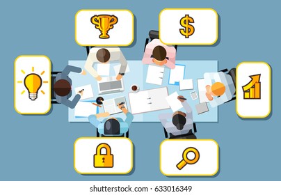 Business meeting strategy brainstorming concept. Vector illustration in an aerial top view with people sitting in an office around a conference table with ideas and keys to success 