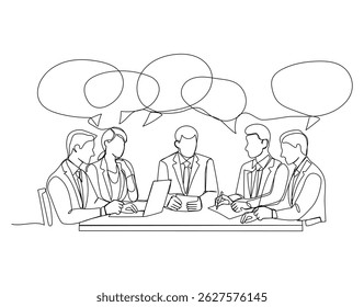 A business meeting at the table in continuous one line art style. Simple vector illustration