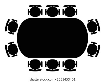 Business meeting table vector icon. Conference table and chairs. Chairs around long table. Ideal for office, corporate, or teamwork concepts. Black silhouette isolated on white background.