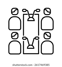 Business meeting table vector icon. Conference table and chairs. Chairs around long table. Ideal for office, corporate, or teamwork concepts. Black silhouette isolated on white background.