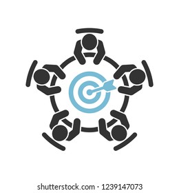 Business meeting target and objectives icon. Group of five people in conference room sitting around a table brainstorming and working together on new creative projects. Flat vector design.