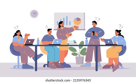 Business meeting, team conference, office employees discussion or consulting. Company leader or coach pointing on charts explaining strategy and financial indicators, Line art vector illustration