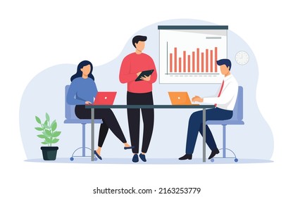 Business meeting team conference in office room  Flat character presentation conference illustration   presenting charts   reports  Employees meeting at business training  seminar conference 