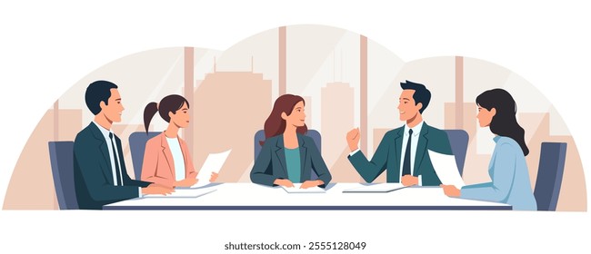 Business meeting with team discussing at a table. Vector illustration