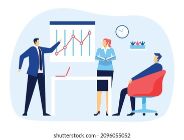 Business meeting with team man and woman, report chart. Illustration of business character management and communication vector