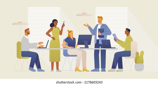 Business meeting team. People in open space coworking office concept design. Vector illustration for web banner, infographics, hero and characters images. Flat design, isolated on white background.