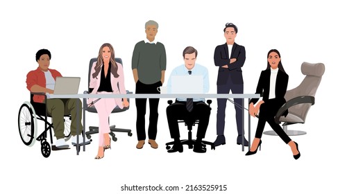 Business meeting and team work. Diverse group of people, entrepreneurs, or office workers working together. Inclusive business concept. Cartoon realistic vector illustration isolated on white.