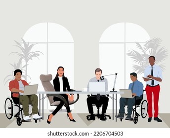 Business Meeting And Team Work. Diverse Group Of People, Entrepreneurs, Or Office Workers Working Together. Inclusive Business Concept. Cartoon Realistic Vector Illustration Isolated On White.