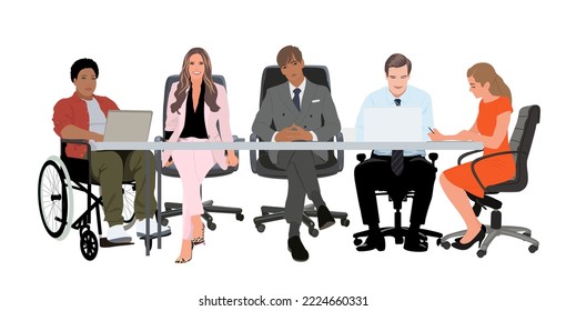 Business meeting and team work. Diverse group of people, entrepreneurs, or office workers working together. Inclusive business concept. Cartoon realistic vector illustration isolated on white.