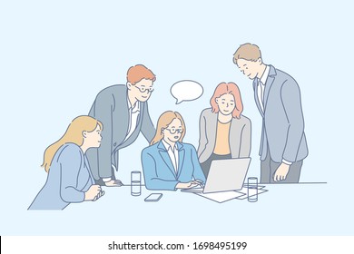 Reunión empresarial, trabajo en equipo, análisis, concepto de cooperación. El equipo, los empresarios, las mujeres empresarias, las compañeras de trabajo cooperan juntos. Reunión de oficina. Estrategia de planificación. Formación en equipo Vector