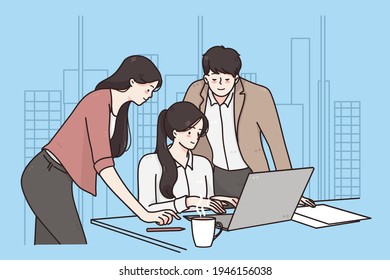 Business meeting, teamwork, brainstorm concept. Smiling business people colleagues partners cartoon characters having meeting using laptop in office discussing strategy vector illustration 