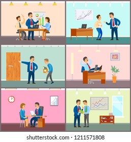 Business  meeting, teamwork brainstorming in office vector. Dismissal of worker, man fired by boss walking with cartonboard boxes. Employment of staff