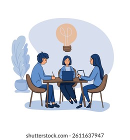 Business meeting teamwork characters with laptop flat illustration