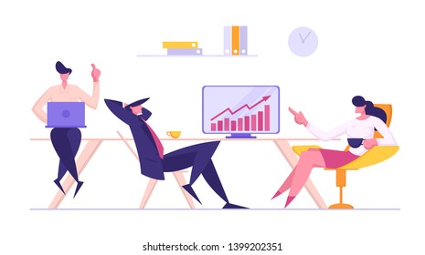 Business Meeting Teamwork Concept. Businessman and Woman Talking on Coffee Break. Colleagues Characters Communicating Brainstorming, Discussion Idea. Vector flat cartoon illustration