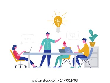 Business Meeting Teamwork Concept. Businessman and Woman Characters with Laptop. Colleagues Characters Communicating Brainstorming, Discussion Idea. Vector flat cartoon illustration