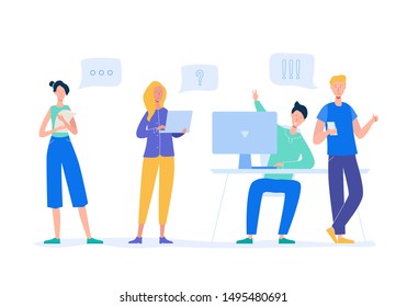 Business Meeting Teamwork Concept. Businessman and Woman Characters with Laptop. Colleagues Characters Communicating Brainstorming, Discussion Idea. Vector flat cartoon illustration