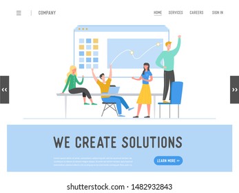 Business Meeting Teamwork Concept landing page template. Businessman and Woman Characters,  Colleagues Communicating Brainstorming, Discussion Idea for website or web page. Vector illustration
