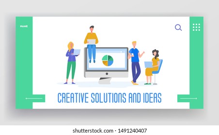 Business Meeting Teamwork Concept landing page template. Businessman and Woman Characters,  Colleagues Communicating Brainstorming, Discussion Idea for website or web page. Vector illustration
