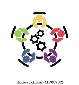 Business meeting and teamwork icon. Group of five people in conference room sitting around a table brainstorming and working together on new creative projects. Flat vector design.