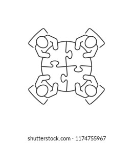 Business meeting and teamwork icon. Group of four people in conference room sitting around a table brainstorming and working together on new creative projects. Flat vector design.