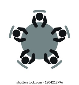 Business meeting and teamwork icon. Group of five people in conferencce room sitting around a table brainstorming and working together on new creative projects. Flat vector design.