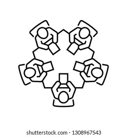 Business meeting and teamwork icon. Group of five people in conference room sitting around a table brainstorming and working together on new creative projects. Flat vector design.