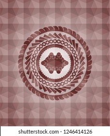 business meeting teamwork icon inside red emblem or badge with abstract geometric polygonal pattern background. Seamless.