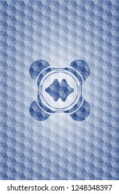business meeting teamwork icon inside blue emblem with geometric pattern.