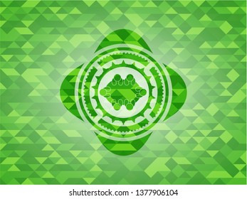 business meeting teamwork icon inside green emblem with mosaic ecological style background