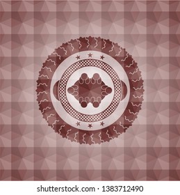 business meeting teamwork icon inside red badge with geometric pattern background. Seamless.