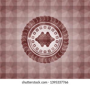 business meeting teamwork icon inside red emblem or badge with abstract geometric polygonal pattern background. Seamless.