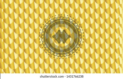 business meeting teamwork icon inside gold emblem or badge. Scales pattern. Vector Illustration. Detailed.