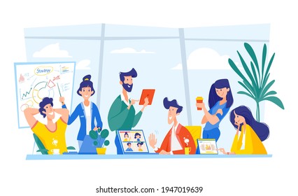 Business meeting. Teamwork man and woman. Team building, people sitting an desktop with laptop discussing new strategy