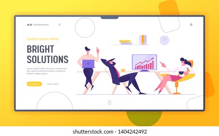 Business Meeting Teamwork Website Page. Businessman and Woman Talking on Coffee Break. Colleagues Characters Communicating Brainstorming, Discussion Idea Banner. Vector flat cartoon illustration