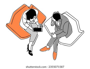 Vista superior de reunión de negocios. Empresario y empresaria sentada en el sillón, discutiendo, formando ideas, trabajando juntos en una tableta digital. Ilustración del contorno del vector aislada en fondo blanco