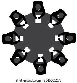 Business meeting top view ,Group of eight people sitting around circle table conference office team .