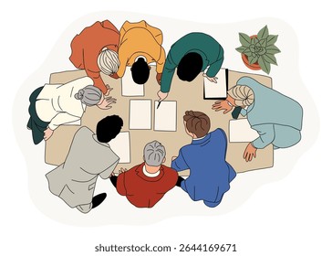 Business meeting top view illustration. Business scene of different men and women working together overhead view. Modern vector colored outline drawing Isolated on white background