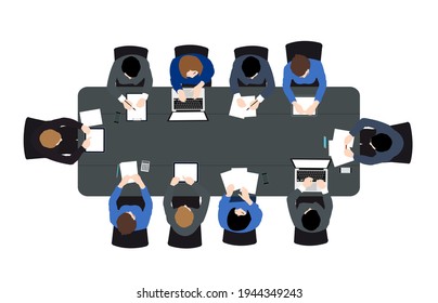 Business Meeting, Top View Of Long Conference Table With Office Team. Vector Illustration