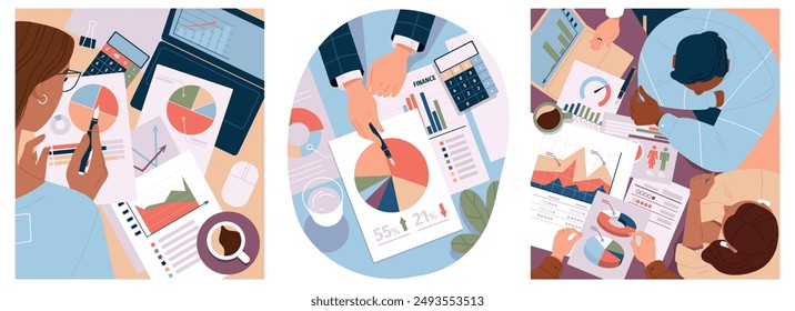 Business meeting. Top view of office employees teem sitting at conference table, analyzing financial report and brainstorming. Flat vector illustration collection isolated on white background