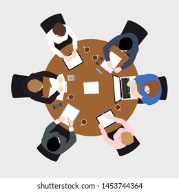 business meeting top view on brown circle  table conference office team .vector illustration