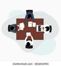 Business meeting top view on brown table conference office team . illustration