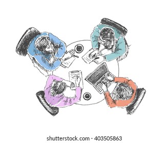 Business Meeting, Top view on working desk, Hand drawn sketch illustration isolated on white background