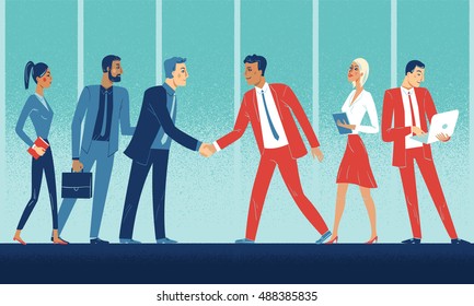 Business meeting of two companies. Shaking hands, a meet and greet between the two companies, one wearing red, the other blue, international, mixed gender teams.