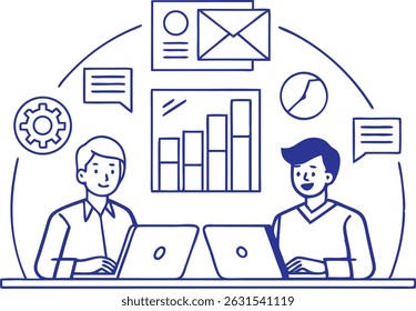 Business meeting, two people at desk, email icons, data visualization, blue and white color scheme, line art, flat design