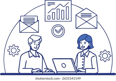 Business meeting, two people at desk, email icons, data visualization, blue and white color scheme, line art, flat design