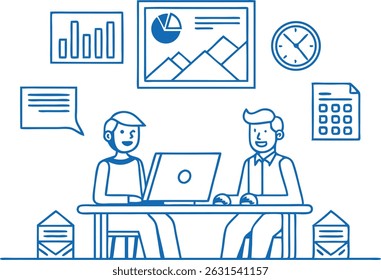 Business meeting, two people at desk, email icons, data visualization, blue and white color scheme, line art, flat design