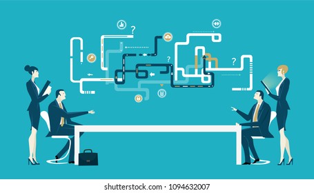Business meeting. Two team discussing the developing process. Abstract progress map above the desk. Business concept illustration 