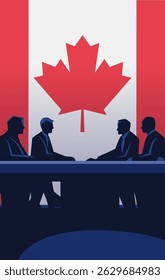 Business meeting under Canadian flag silhouettes of five people sitting at a table discussing trade negotiations red and blue tones